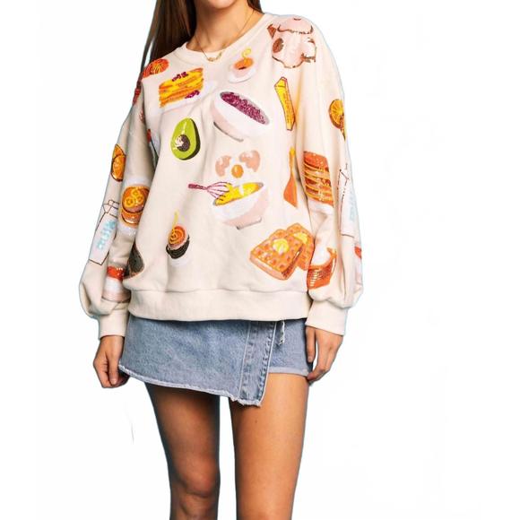 NEW QUEEN OF SPARKLES queen of breakfast sweatshirt in beige - Picture 1 of 2